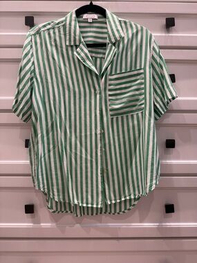 AYR Green and White Striped Short Sleeve Button-Up Blouse